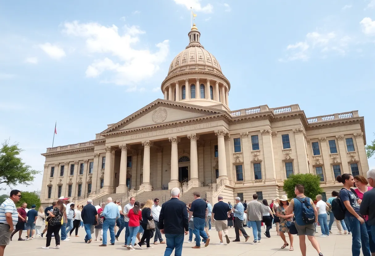 Residents discussing local politics in front of the Texas State Capitol.