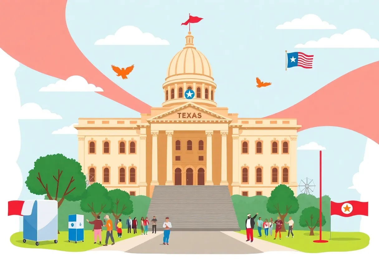 Texas State Capitol surrounded by symbols of political engagement.