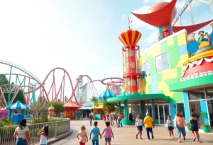 Aerial view of a modern theme park with colorful attractions and families enjoying the rides.