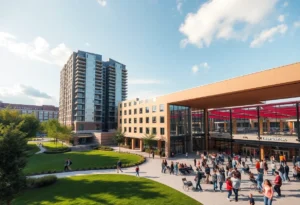 Rendering of the new campus enhancement project including housing towers and event center