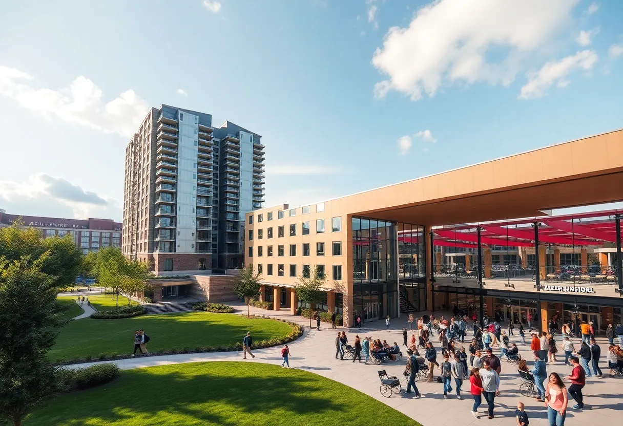 Rendering of the new campus enhancement project including housing towers and event center