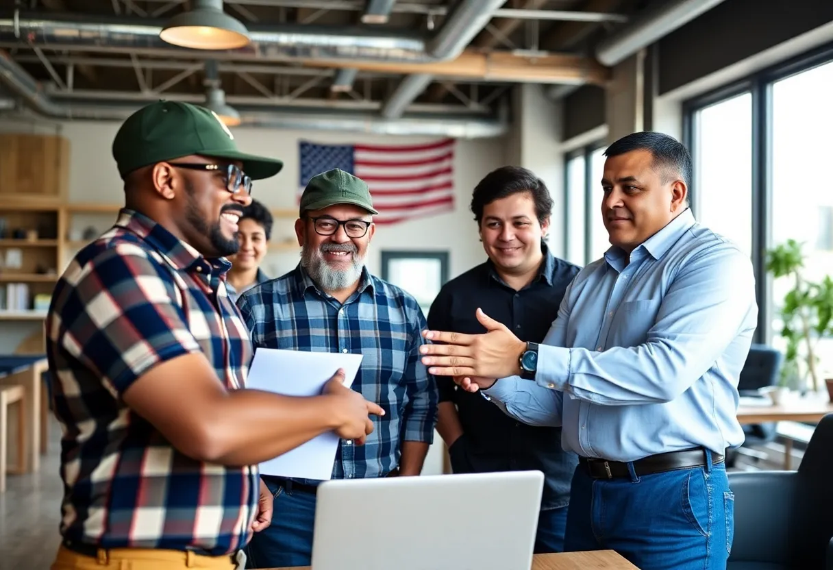 Diverse veterans in a business meeting for the VetHUB program.