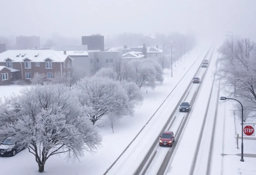 A snowy street in Texas during a winter storm.