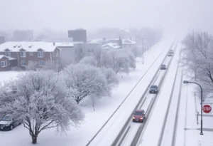 A snowy street in Texas during a winter storm.