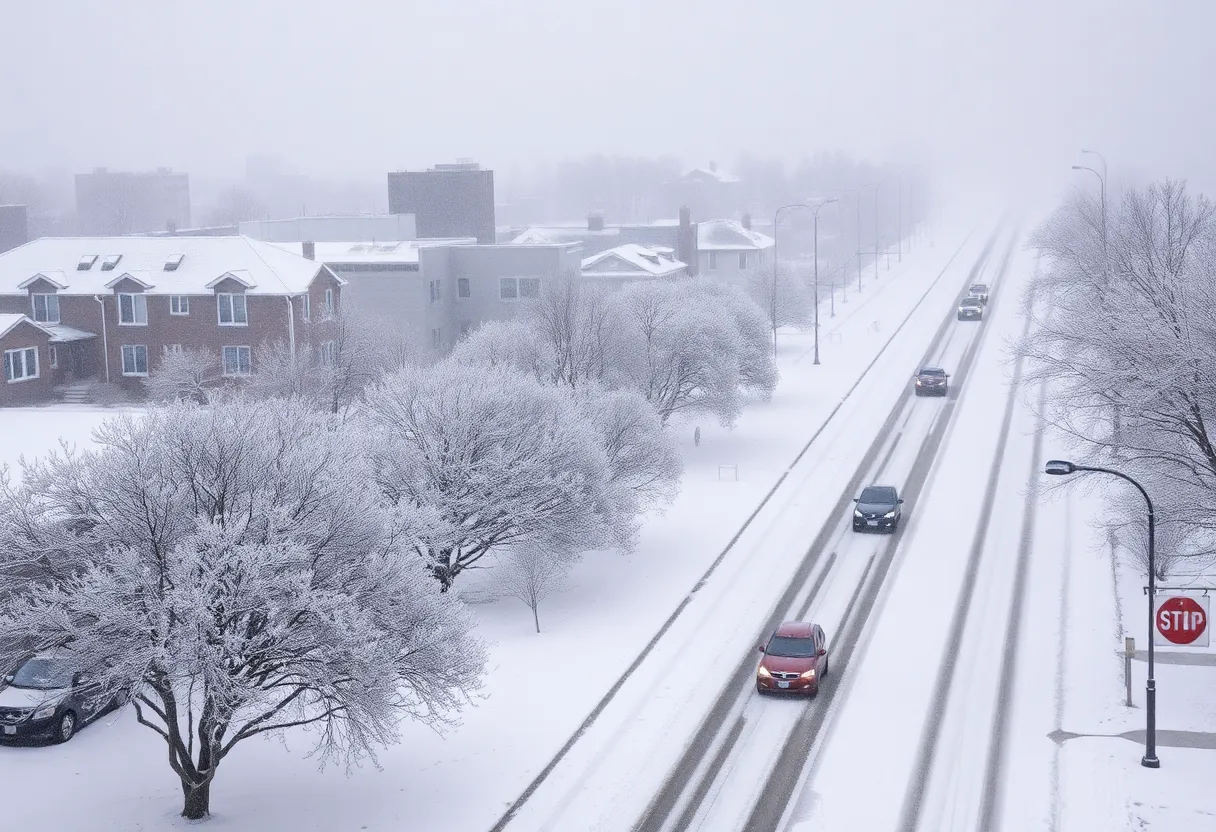 A snowy street in Texas during a winter storm.