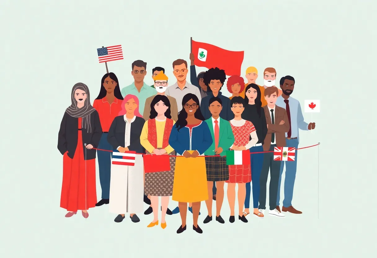 Diverse individuals representing those affected by the travel ban, with national symbols and barriers.