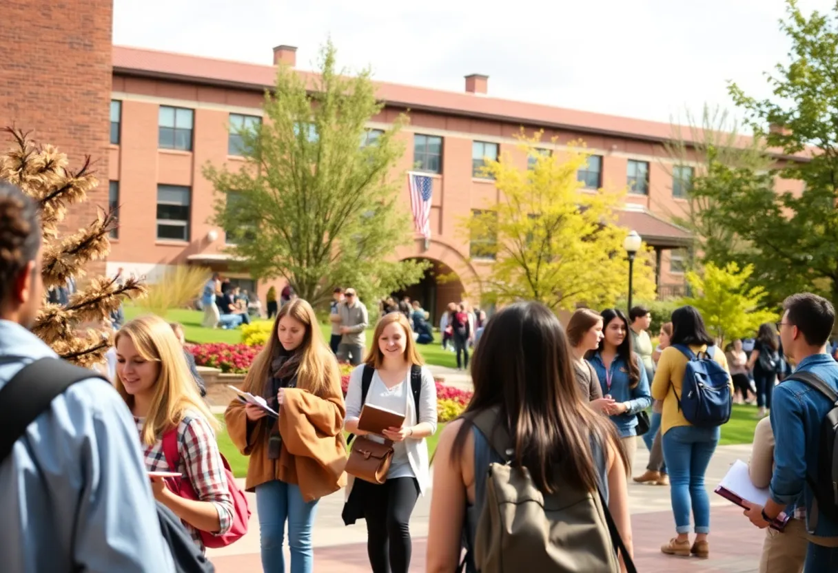 Trinity University campus with students studying