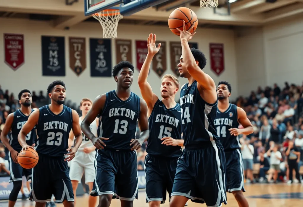 Energetic basketball game featuring UConn Huskies in action against East Texas A&M.