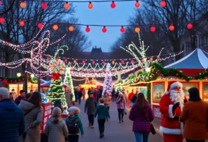 Families enjoying the Light the Way Holiday Festival at UIW with festive lights and activities.