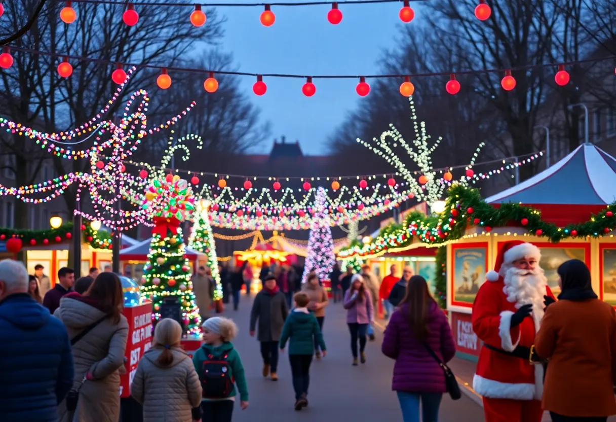 Families enjoying the Light the Way Holiday Festival at UIW with festive lights and activities.