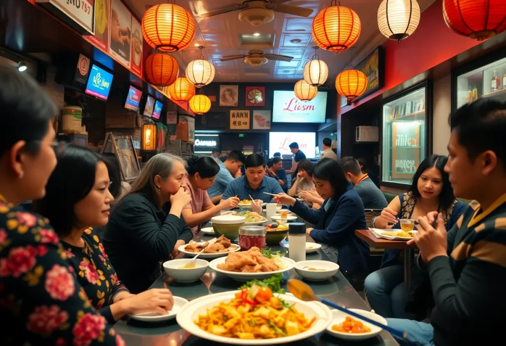 Customers dining at Umai Mi, enjoying a variety of Asian dishes