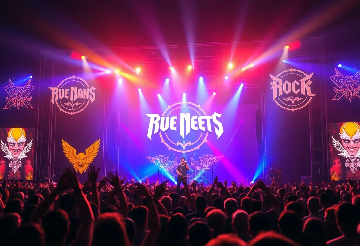 Concert scene featuring rock bands performing live