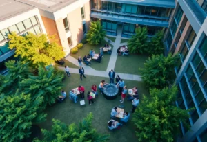 Aerial view of UT San Antonio campus showcasing students and campus life.