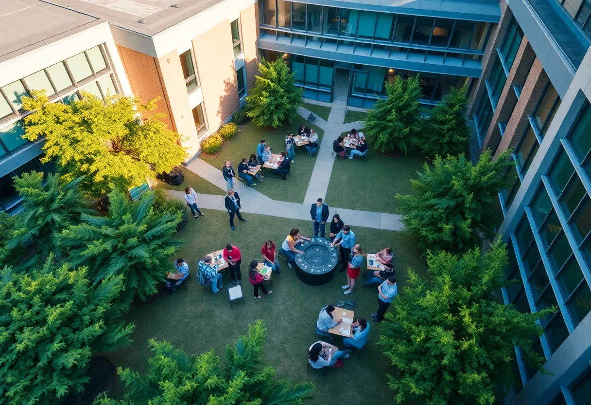 Aerial view of UT San Antonio campus showcasing students and campus life.