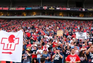 Football fans celebrating during the Valero Alamo Bowl at Alamodome