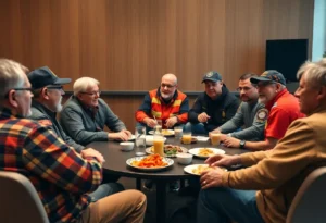 Veterans and first responders engaged in a support group meeting.