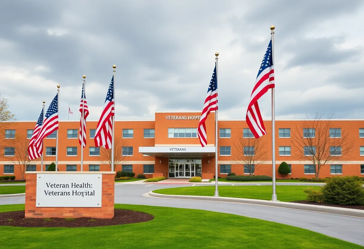 A veterans hospital with flags at half-mast, symbolizing the need for mental health reform.