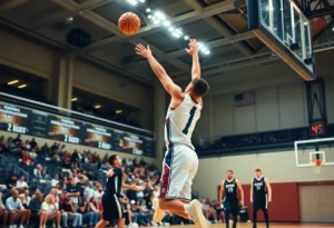 A player making a block during a basketball game