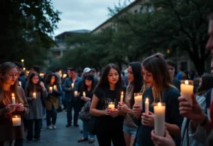 Students holding candles in memory of a Texas A&M student