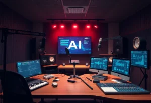 A voiceover studio showcasing both traditional and AI technology equipment.