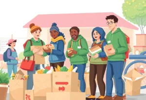 Volunteers working together to collect food donations for local pantries