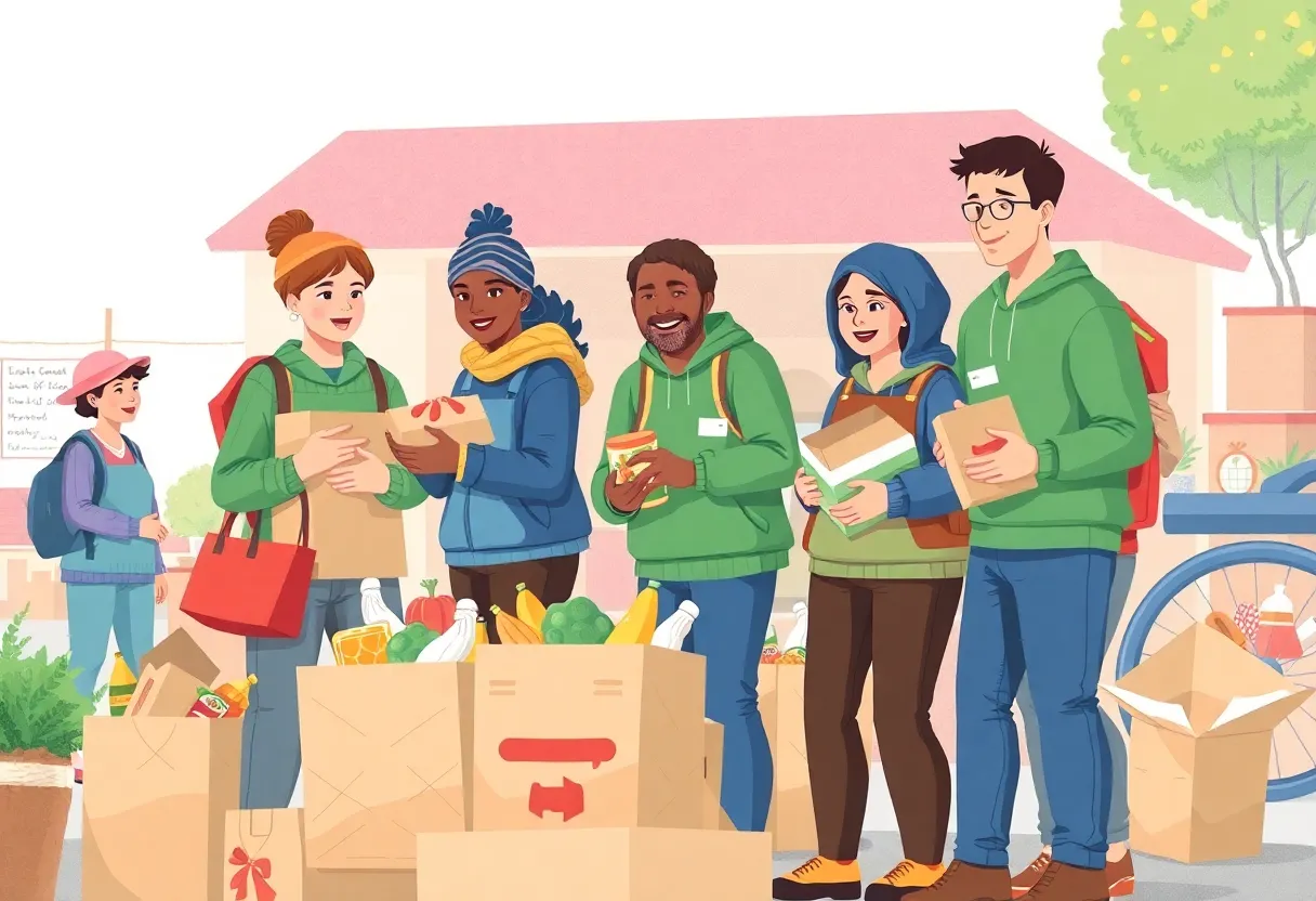 Volunteers working together to collect food donations for local pantries