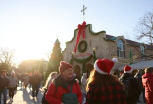 People celebrating Christmas outdoors in San Antonio with sunny weather.