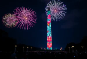 Colorful projections on the Washington Monument during New Year's Eve celebration with fireworks.
