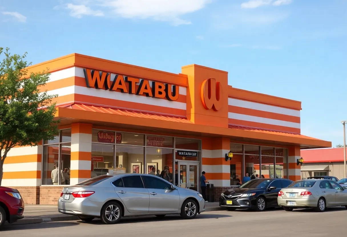 Exterior view of a Whataburger with orange-and-white striped design