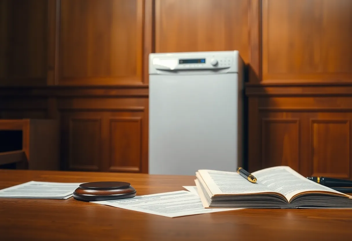 Illustration of a legal setting depicting USAA and Whirlpool.