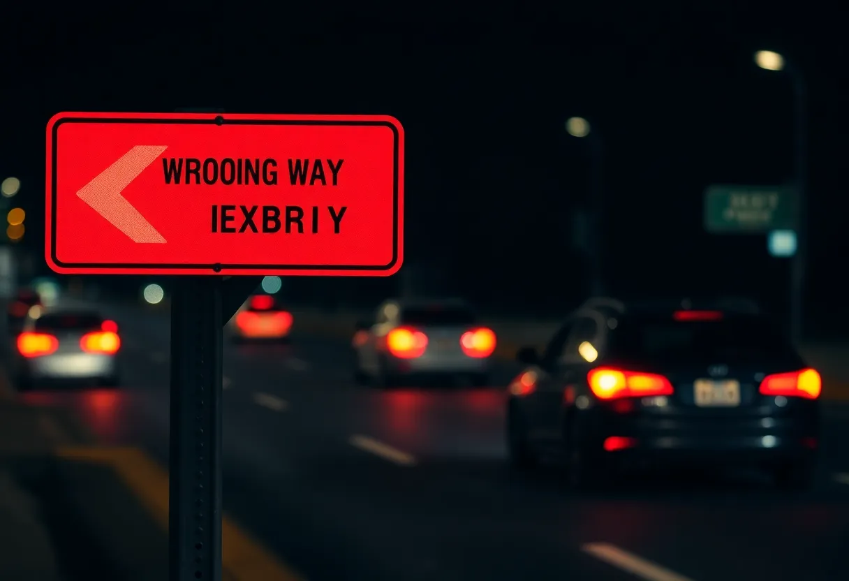 Sign warning of wrong-way driving with blurred headlights in background