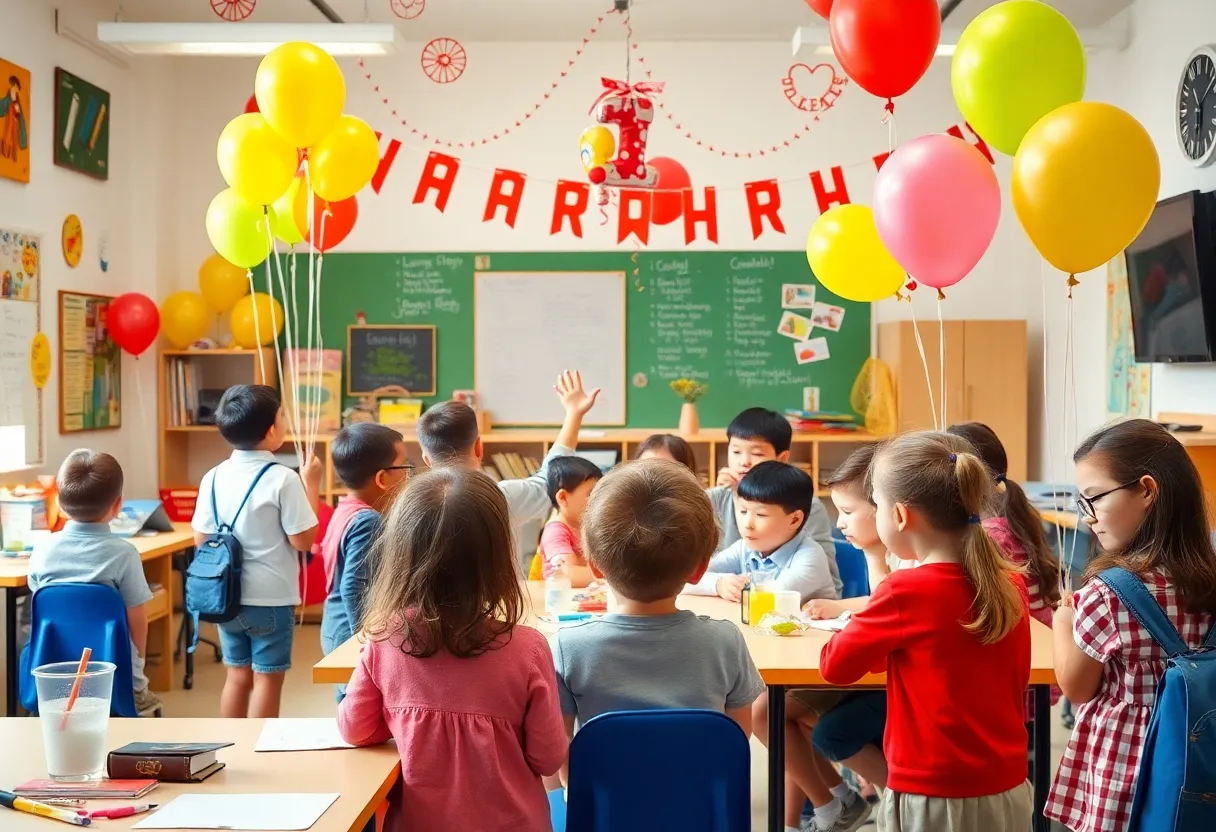 Students celebrating the 100th day of school with educational activities
