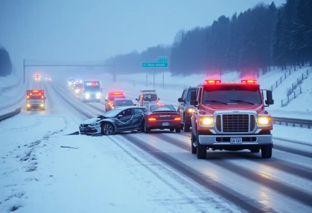 Emergency responders at the scene of a 12-vehicle crash on an icy highway