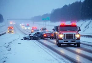 Emergency responders at the scene of a 12-vehicle crash on an icy highway