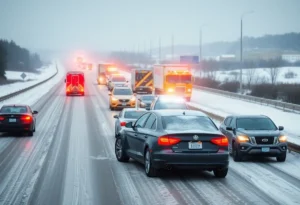 Major multi-vehicle accident on highway due to winter weather
