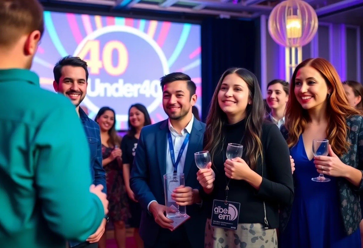 Group of young professionals celebrating at the 40 Under 40 Awards event in San Antonio.