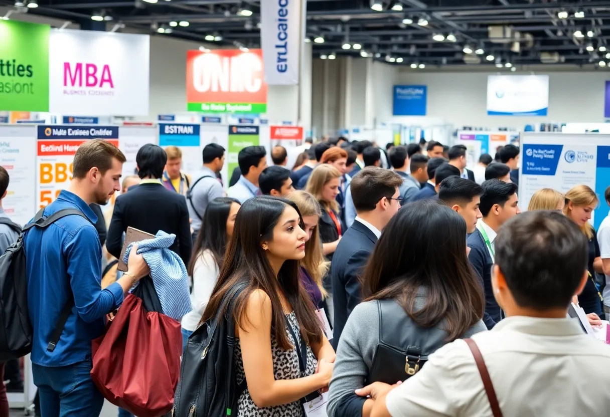 Aspiring MBA students interacting with admissions representatives at the Access MBA Tour
