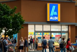 Exterior of an Aldi grocery store bustling with shoppers
