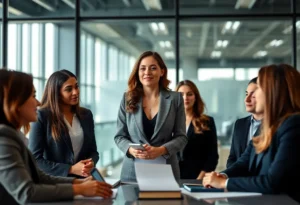 A professional woman leading a discussion in a corporate law setting.