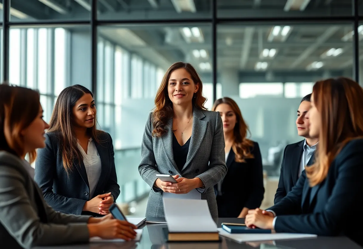 A professional woman leading a discussion in a corporate law setting.