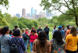 Community members discussing Austin Police's ICE cooperation policy in a park.