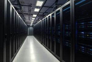 Data center in Austin showcasing servers and energy monitoring systems.