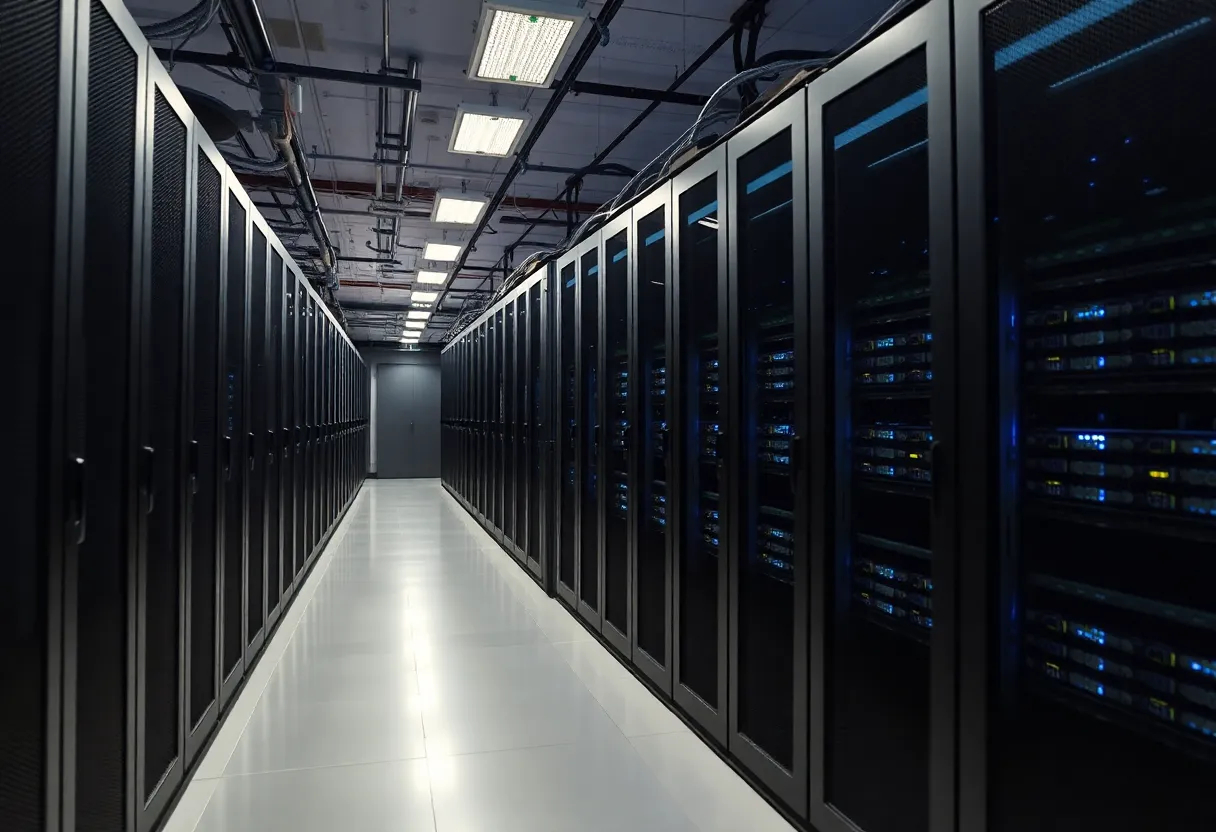 Data center in Austin showcasing servers and energy monitoring systems.