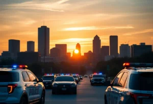 Austin skyline with police presence illustrating community safety