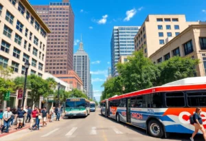 A sunny day in Austin Texas with public transportation and community activities