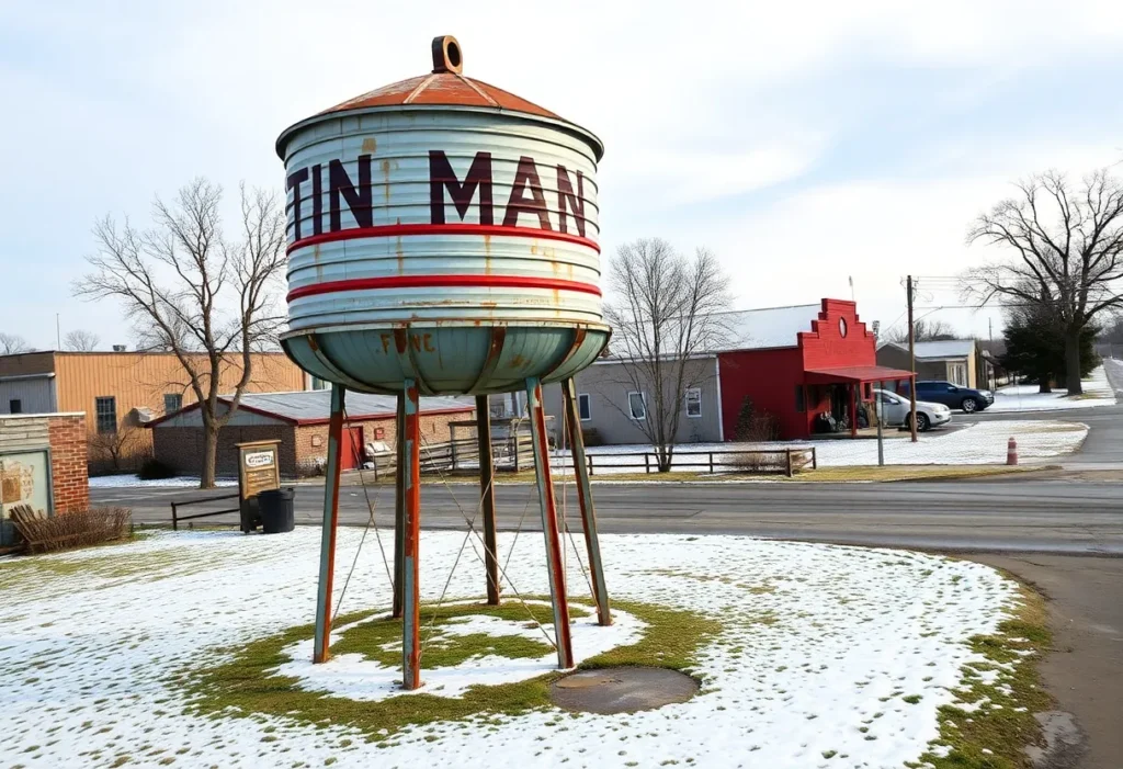 A historic water tower named Tin Man in Bandera, Texas, with a visible leak.