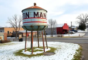 A historic water tower named Tin Man in Bandera, Texas, with a visible leak.