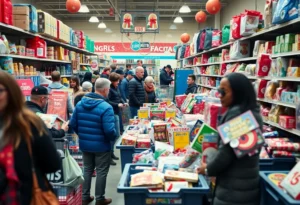 Aerial view of shoppers browsing through bins for holiday gifts at Big D Discount in North Dallas