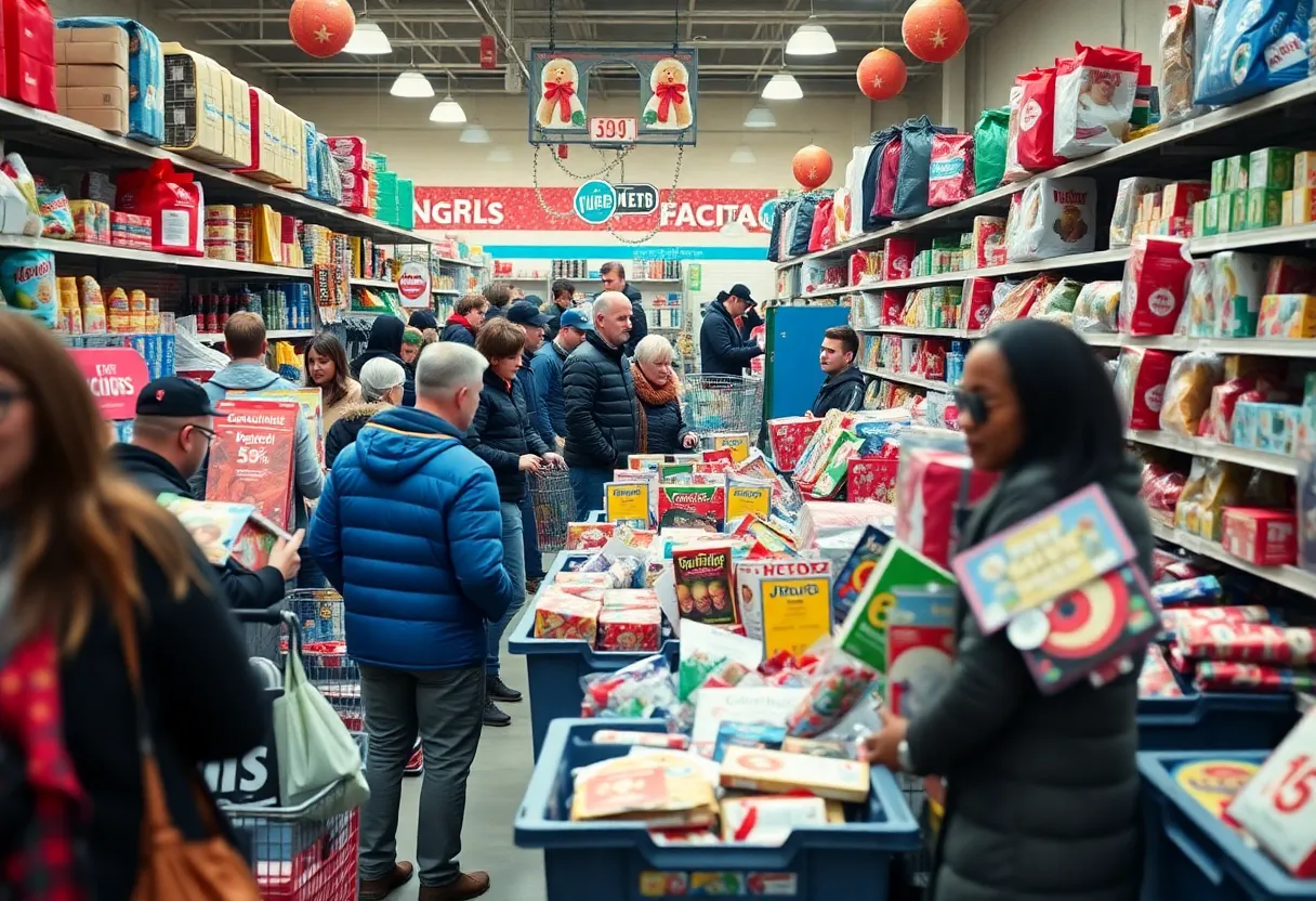 Aerial view of shoppers browsing through bins for holiday gifts at Big D Discount in North Dallas