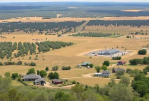 Proposed gas station location in the Texas Hill Country with protest signs